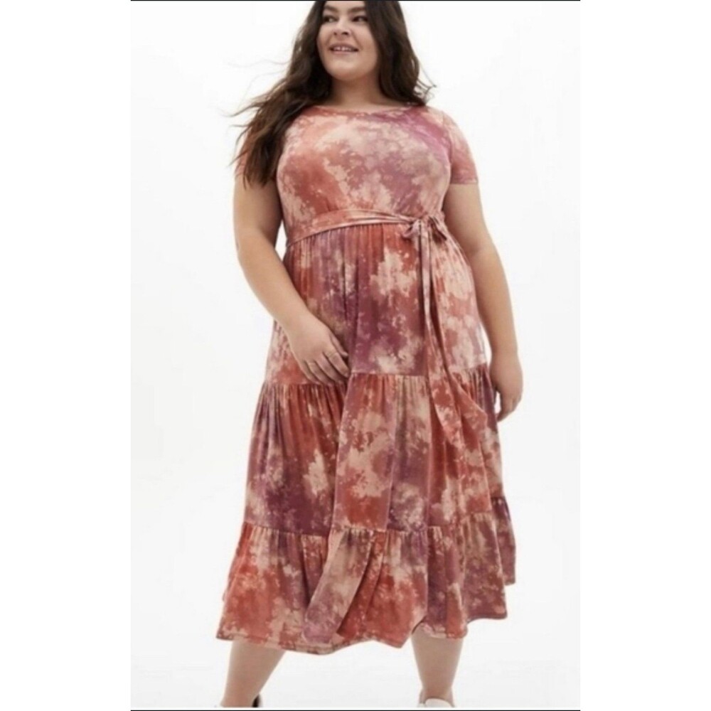Torrid Plus Size 1X Tie Dye Midi Dress with Waist Tie Boho Tiered